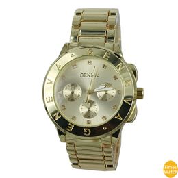 Topkwaliteit 2015 Nieuwe Genève Horloges Dames Alloy Band Quartz Horloges Mannen Gold Watch Merk Analoge Horloges
