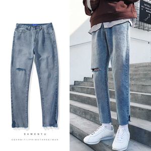 Alta qualidade 2021 primavera outono calças masculinas buraco no joelho estudante mendigo Monkey Wash Vintage adolescentes streetwear jeans calças masculinas X0621