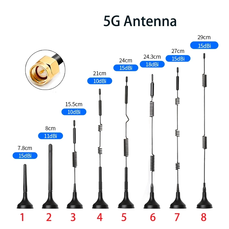 Antenas de banda completa 3G 4G LTE 5G de alta calidad, antena de resorte omni helicoidal de alta ganancia 10dBi 15dBi con fondo magnético