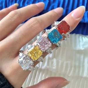 Роскошные ювелирные кольца из стерлингового серебра 925 пробы высшего качества 8A, дизайнерское кольцо из циркония с ледяными цветами для женщин, квадратное розовое, синее, белое Dia316e