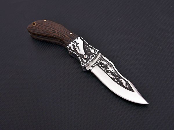 Cuchillo plegable de bolsillo A1920 de calidad superior 7Cr17Mov Hoja de punto de caída de satén Mango de cabeza de madera / acero Acampar al aire libre Senderismo Pesca Cuchillos EDC con bolsa de nylon