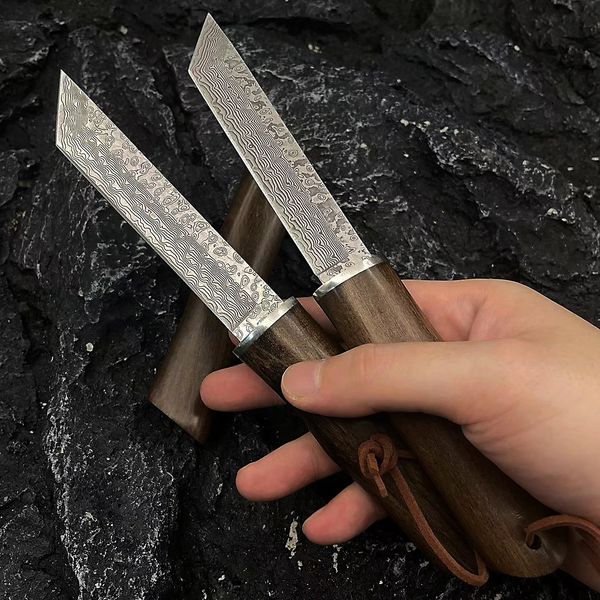 Cuchillo recto de supervivencia A2283 de alta calidad, hoja de acero de Damasco con punta de ébano y mango de cabeza de acero, cuchillos de hoja fija para exteriores con funda de madera