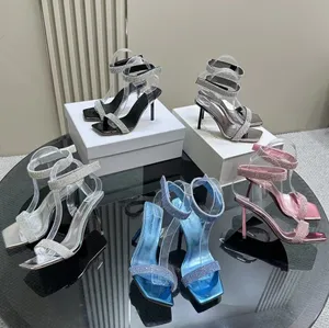 Top qualité Amina Muaddi chaussures sandales à talons hauts femmes mode strass décoration bout carré bout ouvert film PVC transparent bride à la cheville chaussures habillées de créateur