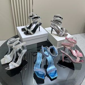 Topkwaliteit Amina Muaddi schoenen Hoge hak sandalen Damesmode Strass Decoratie Vierkante teen Open teen Transparante PVC-film Enkelbandje Designer Jurk Schoenen