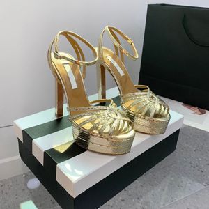 Topkwaliteit hoge hak schoenen enkelband platform hakken sandalen pompen 13 mm goud zilveren dikke blokkleed schoenen designer feestje trouwschoenen met doos