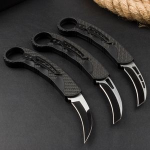 Couteau à griffes Karambit tactique automatique de qualité supérieure 440C lame bicolore noire en alliage Zn-al / poignée en fibre de carbone couteaux de survie en plein air avec gaine en nylon