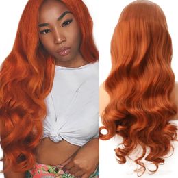 Top qualité vague de corps 24 pouces couleur orange perruque sans colle synthétique avant de lacet perruque avec des cheveux de bébé résistant à la chaleur cheveux mode femmes cosplay