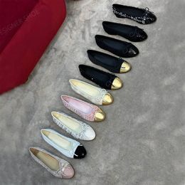 Topkwaliteit Ballerina's van schapenvacht met strik Ronde neus Loafers Dames Platte kleding Schoenen Luxe designer leren schoenen Fabrieksschoeisel Zwart roze denim wit