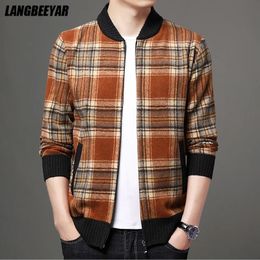 Top qualité marque mode laine épais velours Plaid décontracté Baseball col veste hommes coréen coupe-vent manteaux vêtements 231228