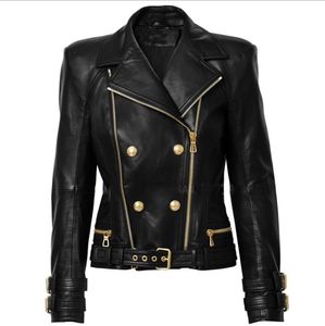 Top Quality Premium New Style Original Design Women's Leather Jacket Metal Buckles Double-Breasted Double Zippers Black Motorcycle Jacket