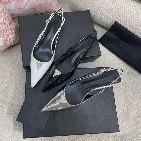 Sandalias Mujer Tacones de 3 CM Zapatos de vestir de cuero genuino negro Zapatos de diseñador de lujo Decoración de diamantes de imitación Punta puntiaguda Abrigo Tacón de gato Fiesta 100% cuero real Zapato casual