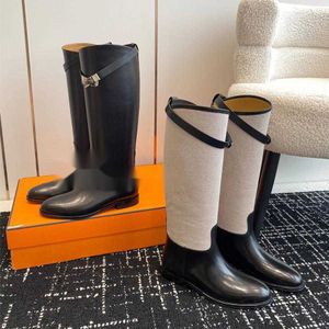 Topkwaliteit Buckle Black kalf leer beroemd merk Knight Long Knie Boot Designer Fashion Winter Famous Jumping Dames Tall Boots