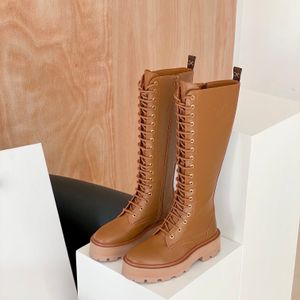 Topkwaliteit Bulky knielaarzen pumps hakken leren zool Ronde neus veterschoenen met rits Dames luxe ontwerpers mode ins Geklede schoenen fabrieksschoenen maat 35-41 met doos