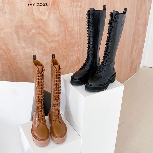 Botas de rodilla voluminosas de primera calidad Bombas Tacones Cuero Suela de piel de vaca Punta redonda con cordones Botines con cremallera Diseñadores de lujo para mujer Moda Ins Vestido Zapatos populares Calzado de fábrica