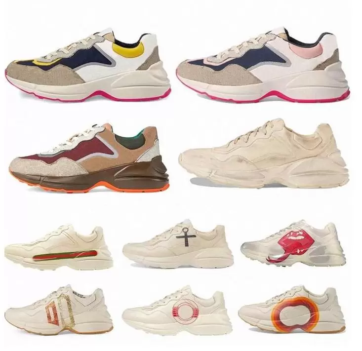 Högkvalitativa fritidsskor Lyx Designers Skor Rhyton Sneakers Beige Sneakers för män Vintage Bekväm slitstark och andningsbar Ökning