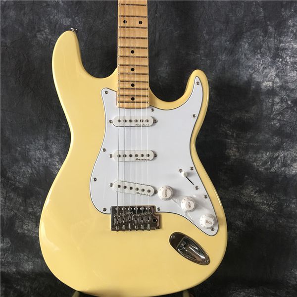 Top qualité chine personnalisé ST manche festonné grosse poupée guitare électrique jaune crème avec Floyd Rose Tremolo