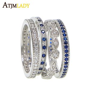 Topkwaliteit Clear Blue Cubic Zirconia Engagement Band 4 Stks Stack Stapelbare Damesvinger 925 Sterling Silver Eternity CZ Ring J190716