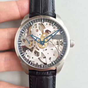 Topkwaliteit complicatie Squelette horloge roestvrijstalen skelet wijzerplaat met zwarte lederen band mechanische handmatige opwinding Polswat311a