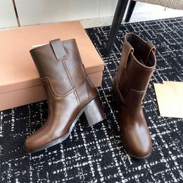 Top qualité peau de vache Vintage marron talon épais bottines sans lacet mi talon mode bottines de luxe bottes de créateur femmes