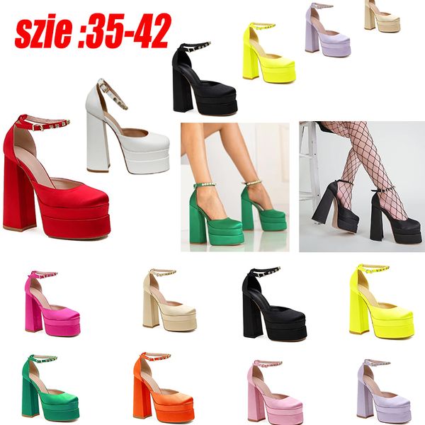 Zapatos adornados con cristales de alta calidad Satén Plataforma doble Bombas Chunky Tacones altos Sandalias Diseñadores de lujo para mujer Zapato de vestir Zapato de fábrica de noche Tamaño 35-42