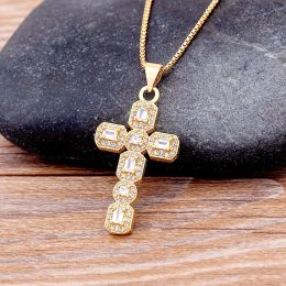 Gargantilla con colgante de cruz de oro amarillo de 14k de circonia cúbica de alta calidad, collar de cadena para hombres y mujeres, joyería de hip-hop, regalo dorado de moda