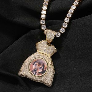 Topkwaliteit kubieke zirkonia aangepaste foto geldtas hanger ketting ijskoud kubieke zirkonia diy foto herdenking hiphop straat kettingen bling kristal rapper kraag