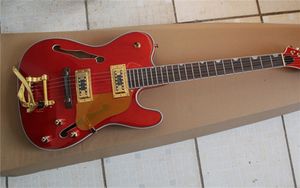 Topkwaliteit Custom Shop rode jazz elektrische gitaar semi-holle body palissander toets met tremolo gouden hardware