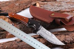 Topkwaliteit Damascus stalen Survival Straight Hunting Mes 58HRC Rosewoodebony Handvat vaste bladmessen met lederen huls