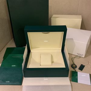 Cajas de reloj de color verde oscuro de alta calidad, caja de madera de regalo para relojes Rolex, tarjetas de folleto, etiquetas y papeles en inglés, relojes suizos Bo294D