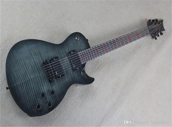 Guitarra eléctrica de calidad superior con llama de tigre gris oscuro, guitarra privada con incrustaciones de pájaro rojo, pastillas EMG 1789002