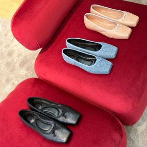 Topkwaliteit denim leer Bowtie vierkante neus pumps Ballerina's Schoenen instappers dames sandaal Luxe designer geklede schoenen Kantoorschoenen Zwart abrikoos denim