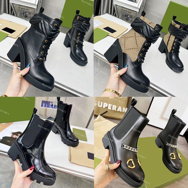 Bottines de styliste de qualité supérieure en cuir véritable, bottines doubles pour femmes, chaussures à talons hauts épais, bottes au genou en cuir brillant, bottines à bout rond à la mode