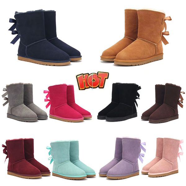 Botas de diseñador de alta calidad Zapatillas de piel con lazo Corte de piel de oveja Mini botas de plataforma clásicas Mula de invierno Zapatos de gamuza para mujer Top Lana Otoño Manga media