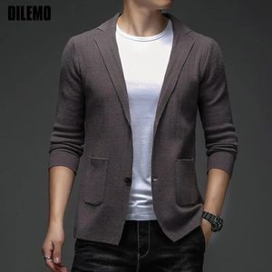 Topkwaliteit Designer Merk Casual Mode Gestreepte Slim Fit Nacht Heren Gebreide Blazer Suite Jas Elegante Kleding 240201