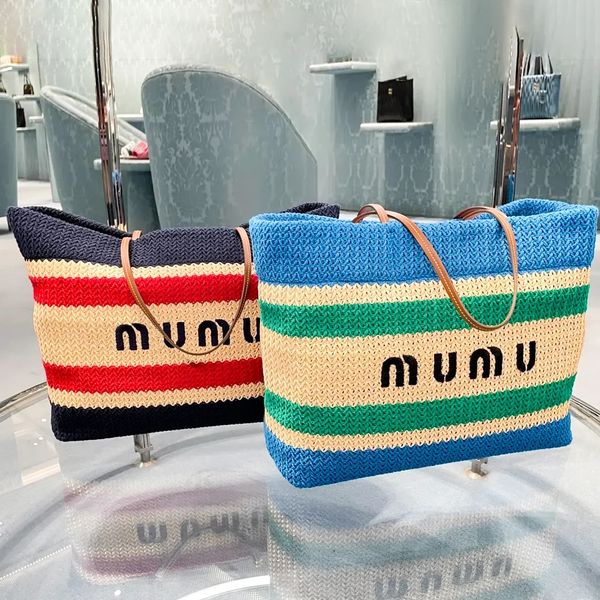 Paja de lujo Rafias miumiubag tienda bolso de mano grande Diseñador Bolsa de playa mujer canasta a rayas Hombro bolso de viaje de crochet hombre bolso tejido Bolso cruzado con asa superior