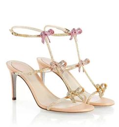 Topkwaliteit ontwerpers dames sandalen boog jurk schoenen kristallen sandaal hakken crysta buckle feest trouwjurk schoenen hak sexy jurk schoenen met doos