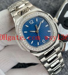 Top qualité diamants femmes mouvement automatique montre 35mm bleu cadran noir classique 7118/1200A dos transparent dames montres-bracelets