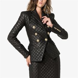 TOP KWALITEIT est Designer Jas dames Double Breasted Leeuw Knoppen Raster Naaien Synthetisch Leer Blazer 211122