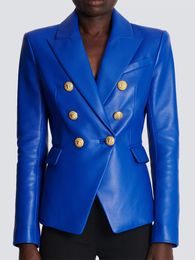 TOP KWALITEIT est Fashion Designer Jacket Womens Double Breasted Lion Buttons Slim Fitting Kunstleer Blazer 240201