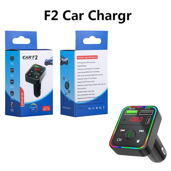 Chargeurs Bluetooth de voiture F2 de qualité supérieure Transmetteur FM Kit récepteur audio mains libres sans fil Carte TF Lecteur MP3 3.1A Chargeur rapide double USB PD avec rétroéclairage LED coloré