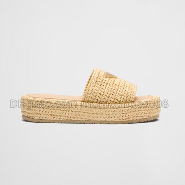 Sandalias de tela de alta calidad, zapatillas de paja de rafia, sandalias de diseño de hebilla triangular para mujer, zapatos planos de fondo grueso, sandalias de playa, deslizador, tallas grandes, venta al por mayor