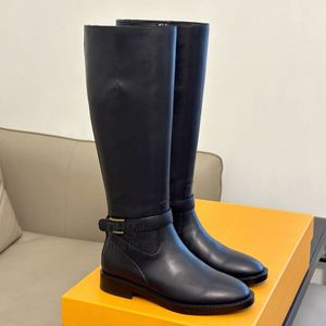 Top qualité mode classique en cuir noir à talons bas boucle chevalier bottes au genou femmes bottes longues bottines de créateur