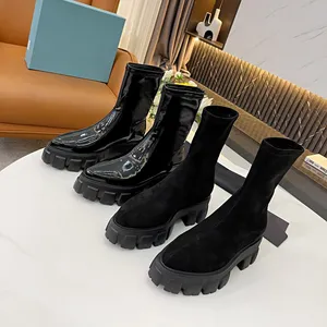 Top qualité mode luxe 5CM talons plate-forme bottine genou haute femmes épices noir bottes extensibles brillant en daim verni en cuir chaussures à talons hauts dame chaussures bottillons