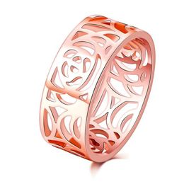 Top qualité mode à la mode 8mm 18k plaqué or rose fleur Vintage bandes de mariage anneaux pour les femmes conception creuse anillo268q