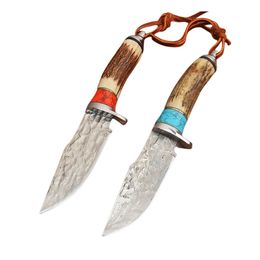 Cuchillo de caza recto de supervivencia G7201 de alta calidad, hoja de punto de caída de acero de Damasco, mango de cuerno, cuchillos de hoja fija para exteriores