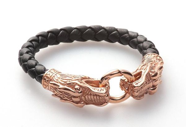 Bracelet en cuir véritable Bracelet en acier inoxydable 316L plaqué or rose bracelet dragon pour hommes et femmes