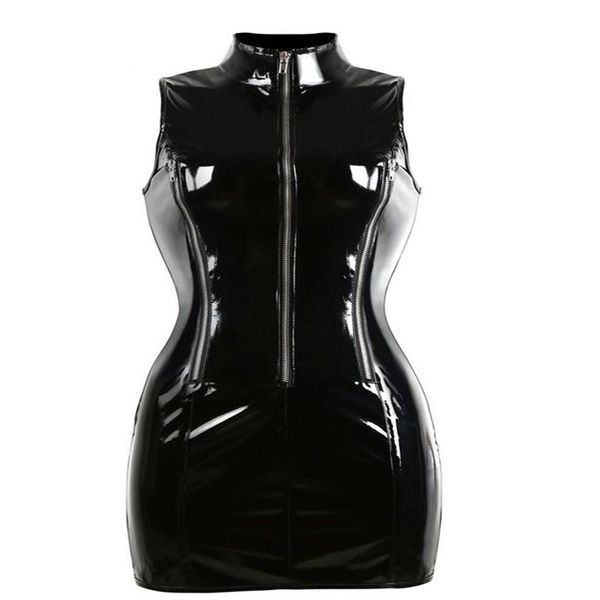 Top Qualité Gothique Punk Col Haut Sans Manches Catsuit Moulante Femmes Noir PVC Mini Robe Brillant Zip Up Wet Look Robe Nig283C