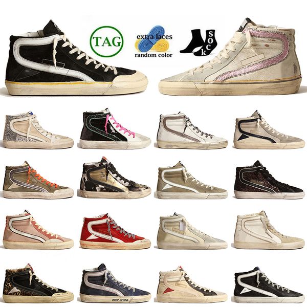 Baskets Mid Ball Star fabriquées à la main de qualité supérieure Italie Marque Slide Upper Silver Gold Vintage Glitter Luxury Calfskin Flash Designer Chaussures Baskets à plateforme plate