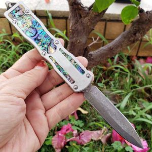 Topkwaliteit High End Damascus Auto Tactisch Mes Damascus Staal Double Edge Spear Point Blade 6061-T6 + Abalone Shell Handvat Met Nylon Schede