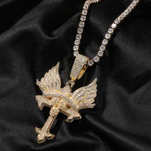 Topkwaliteit hiphop angel vleugel kruis ketting ijskoud vol kubieke zirconia hang kettingen trui ketting bling rapper hiphop punk rock sieraden collar bijoux cadeau